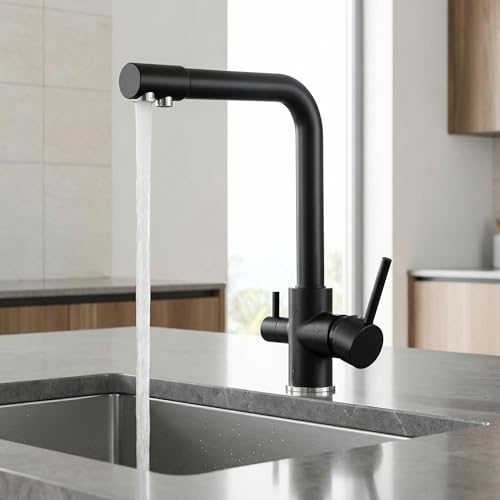 InArt Kitchen Sink Faucet with 360° Swivel Spout, Brass, 3-Way Water Filter, Dual Lever, Deck Mounted (Black) - Image 1
