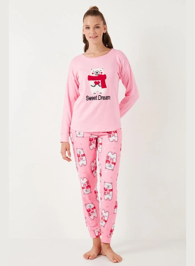 Lela Lela Stretch Standard Fit Crew Neck Patterned Pajama Set Women's PAJAMA SET 6095700