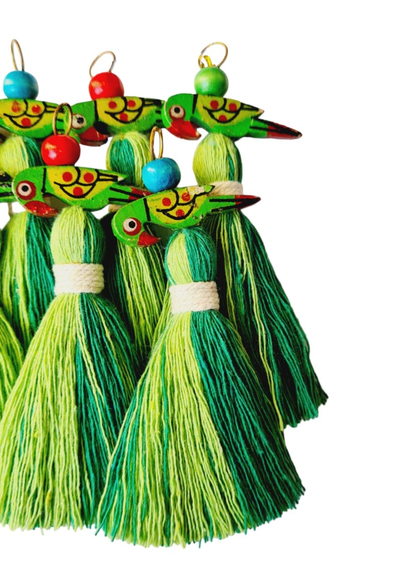 Zippy Flora Handmade Mini Cotton Tassels with Parrot Embellishments | Pack of 10 | Dual Dark & Parrot Green Decorative Boho Tassels for Home Décor, DIY Crafts, Gift Wrapping, Jewelry Making - Image 3