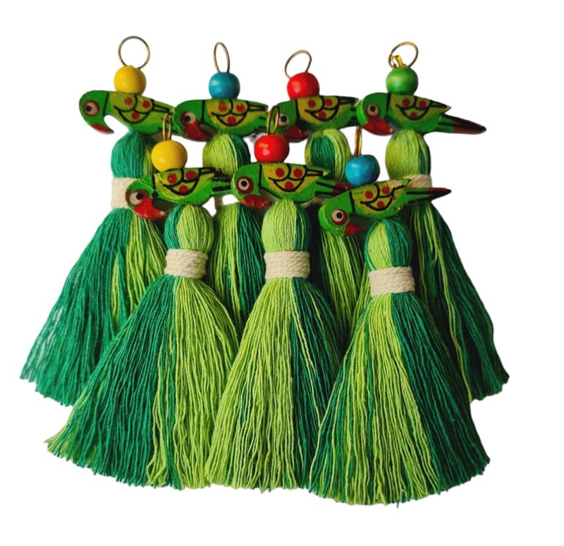 Zippy Flora Handmade Mini Cotton Tassels with Parrot Embellishments | Pack of 10 | Dual Dark & Parrot Green Decorative Boho Tassels for Home Décor, DIY Crafts, Gift Wrapping, Jewelry Making - Image 1