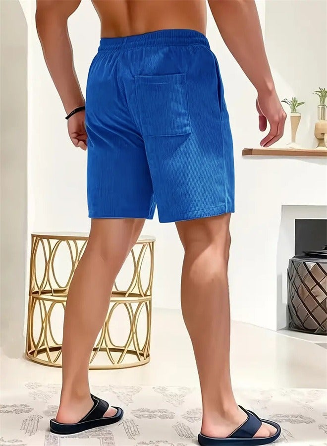 Loquat Solid Color Lace Up Sports Corduroy Minimalist Five Point Shorts Blue  - Image 3