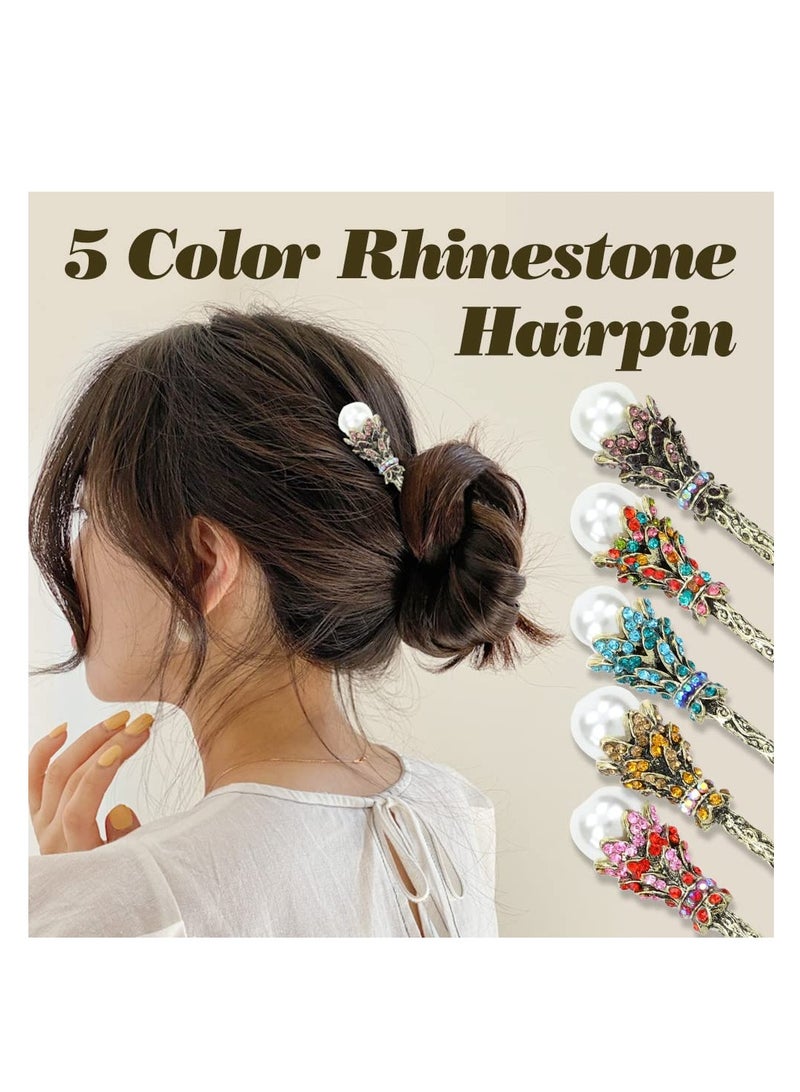 SYOSI 5 Pack Gold Shiny Crystal Rhinestone Pearl Vintage Metal Hair Sticks Pins Forks Retro Chinese Chopsticks Bun Updo Holders Accessories for Women Girls - Image 2