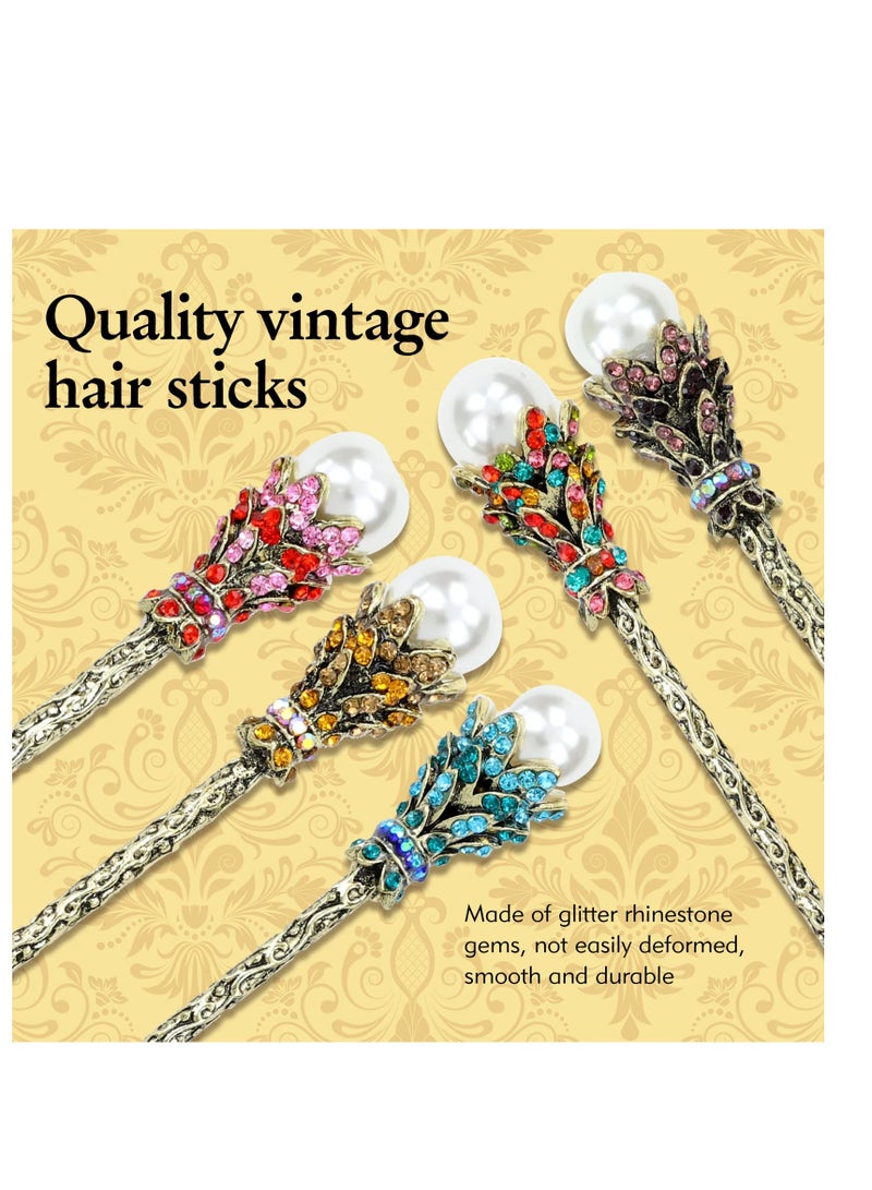 SYOSI 5 Pack Gold Shiny Crystal Rhinestone Pearl Vintage Metal Hair Sticks Pins Forks Retro Chinese Chopsticks Bun Updo Holders Accessories for Women Girls - Image 5