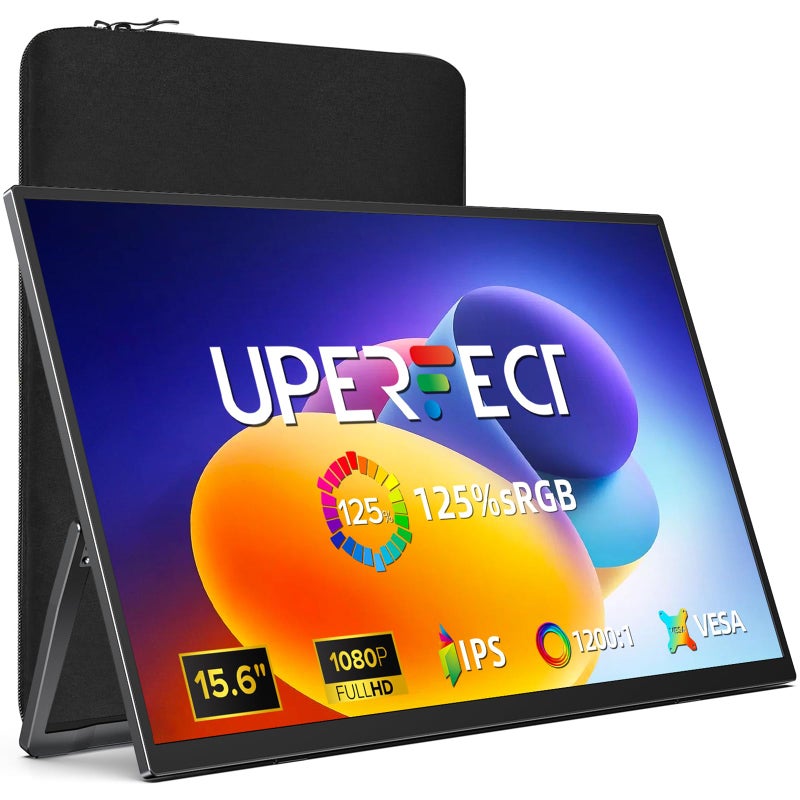 UPERFECT Portable Monitor 15.6", 125% sRGB Ultra-Slim Laptop Monitor with Protective Sleeve, Built-in Adjustment Stand | Speaker | VESA, HDMI USB-C Plug & Play Second Screen for Phone Game Console - Image 1