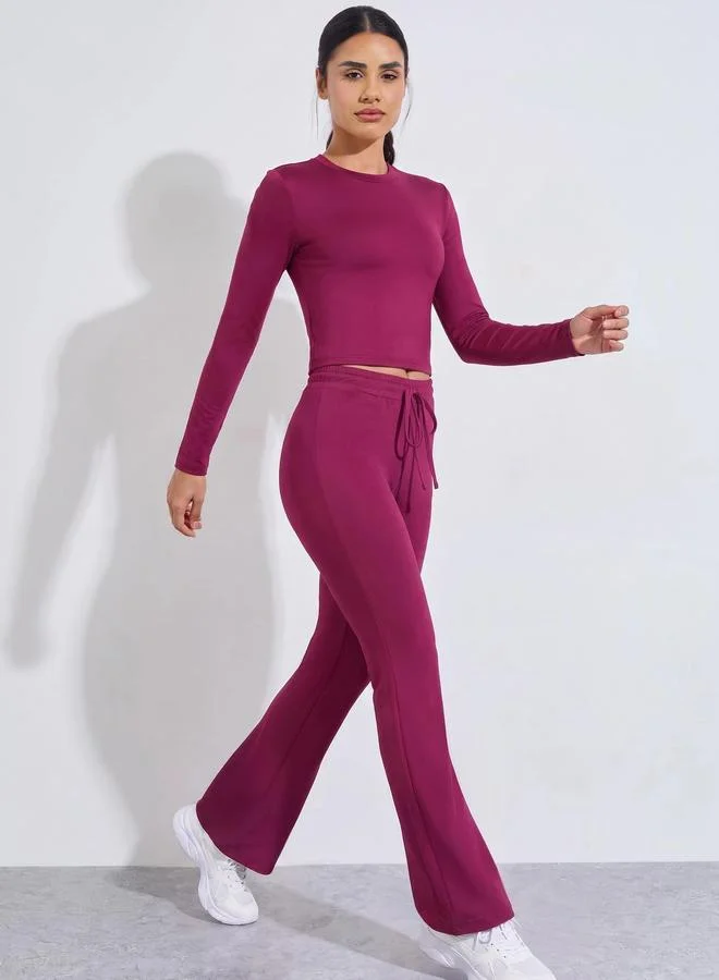 Burgundy Solid Long Sleeves Crop Top And Flared Leggings Active Set