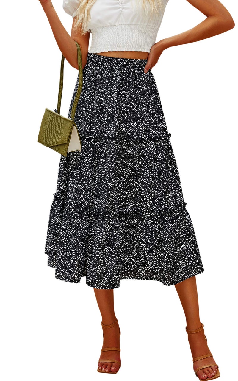 Hibluco Women's Floral Midi Skirts Elastic High Waist A-Line Swing Skirts - Image 1