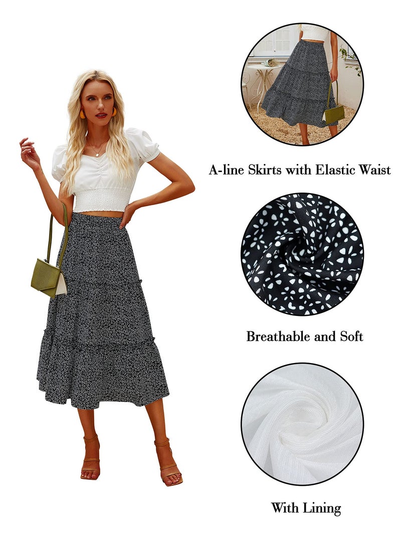 Hibluco Women's Floral Midi Skirts Elastic High Waist A-Line Swing Skirts - Image 3