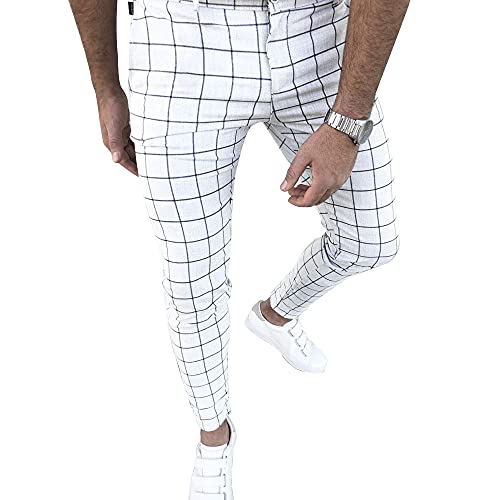 Percle Men's Fashion Stretch Dress Pants Slim Fit Plaid Skinny Long Casual Business Golf White - Image 1