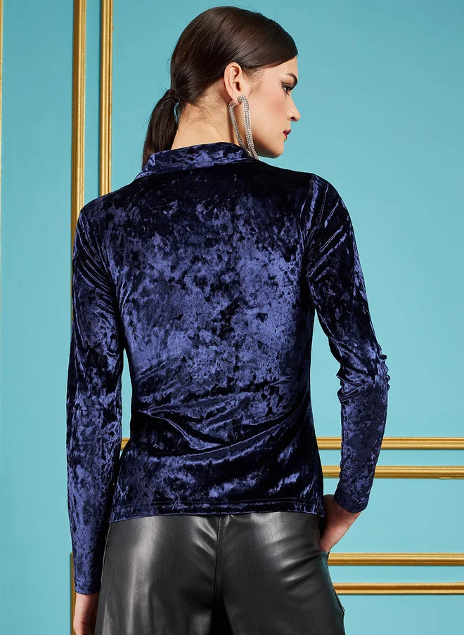 SASSAFRAS Navy Blue Velvet Ruched Party Shirt for Women