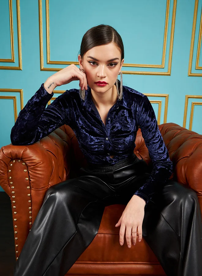 SASSAFRAS Navy Blue Velvet Ruched Party Shirt for Women