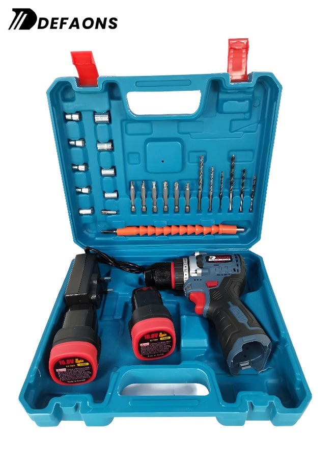 ديفاونز مجموعة مثقاب لاسلكي بجهد 16.8 فولت مع بطاريتين، 23+3 إعدادات عزم الدوران، سرعة متغيرة، ضوء LED، وظيفة الدوران للأمام والخلف، مجموعة أدوات حفر متعددة المواد مع حقيبة تخزين. - Image 1