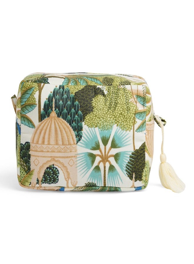 AYUDA HOMES Travel Pouch - Printed Green Quilted Cotton Toiletry & Makeup Bag with Zipper and Tassel Organizer for Women - Image 1