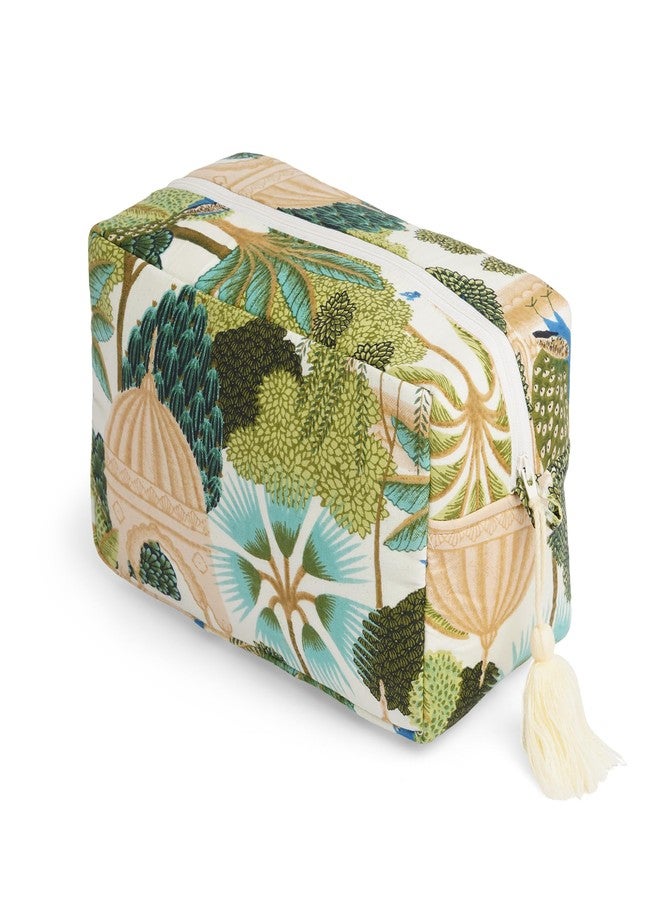 AYUDA HOMES Travel Pouch - Printed Green Quilted Cotton Toiletry & Makeup Bag with Zipper and Tassel Organizer for Women - Image 2