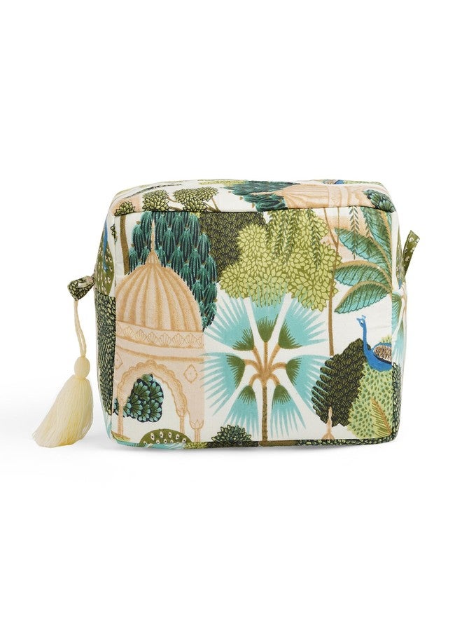 AYUDA HOMES Travel Pouch - Printed Green Quilted Cotton Toiletry & Makeup Bag with Zipper and Tassel Organizer for Women - Image 3