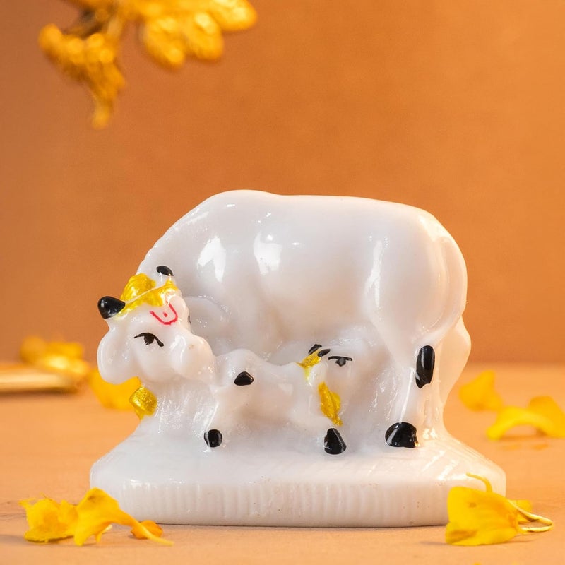 The Advitya Kamdhenu Cow with Calf Marble Statue Holy Spiritual Showpiece for Vastu Goodluck Home Decor Housewarming Diwali Corporate Spiritual Gift Small - Image 1