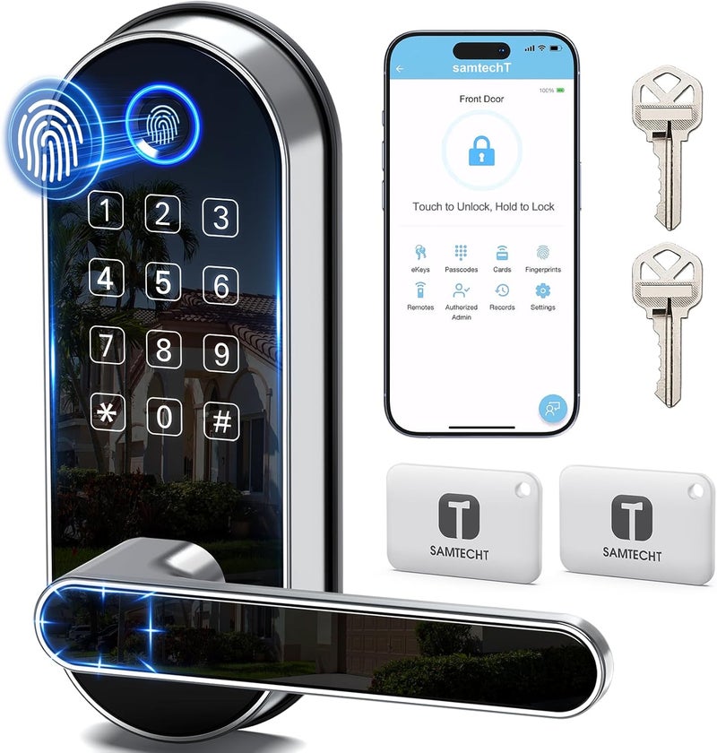 samtechT Bluetooth Fingerprint Smart Lock with Handle & Keypad – Fits Most US Doors, DIY Install, Keyless Entry: Code, FOB, Auto-Lock. Ideal for Home, Airbnb, Rental, Kids, Seniors. Alexa & Google Compatible - Image 1
