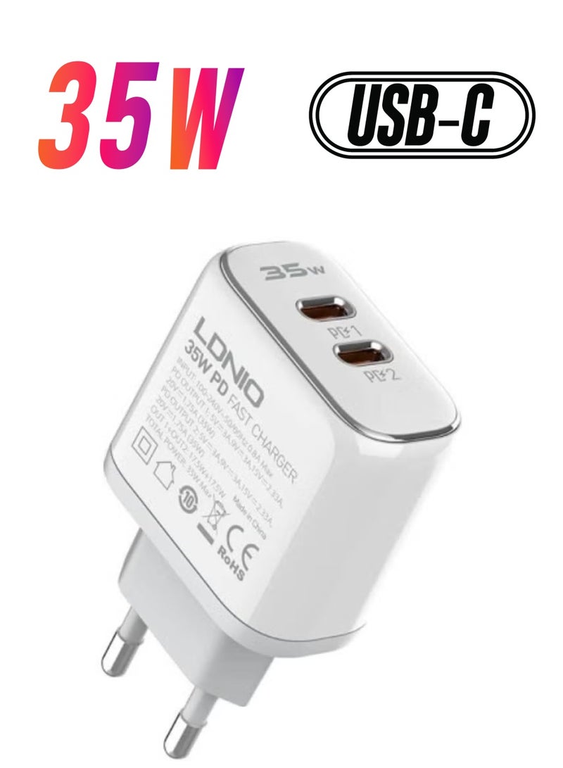 JAJEEK A2528C 2xUSB-C Wall Charger 35W + USB-C to USB-C Cable – Fast Charging for Smartphones, Tablets, Laptops, Compact Design for Home, Office, and Travel Use - Image 1