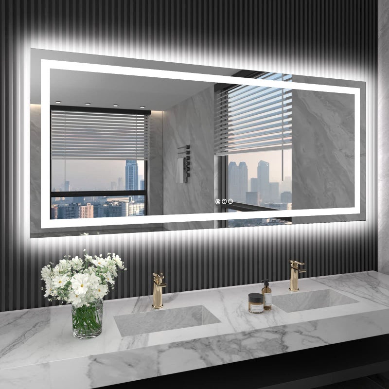 مرآة حمام LED LOAAO 72X32 مع أضواء مضادة للضباب قابلة للتعتيم مضاءة من الخلف ومن الأمام مرآة زينة حمام مضاءة للجدار مقاومة للكسر وظيفة الذاكرة مدرجة من ETL