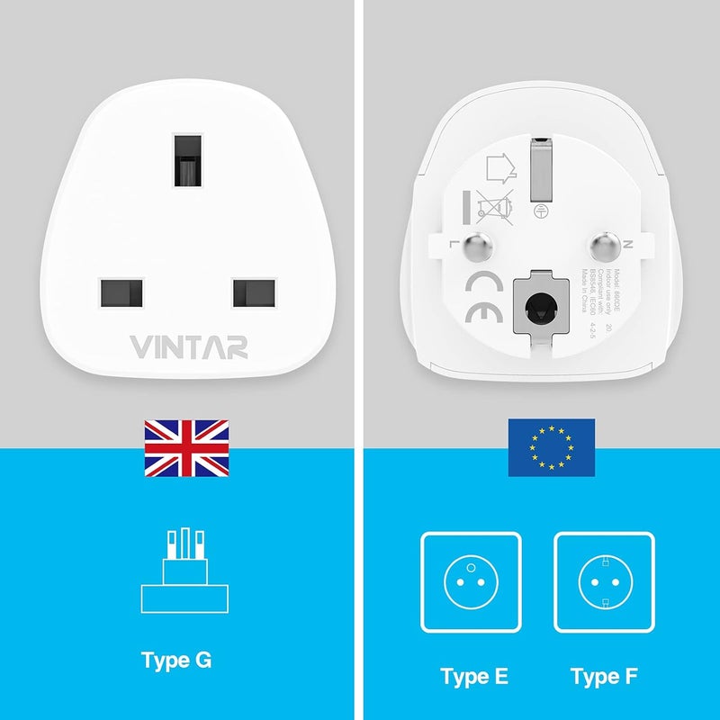 VINTAR UK to European Plug Adapter,Grounded 3 Pin to 2 Pin EU Euro Europe Schuko Travel Adaptor for France Germany Spain Turkey Greece Russia and More(Type E/F), 3 Packs White - Image 4
