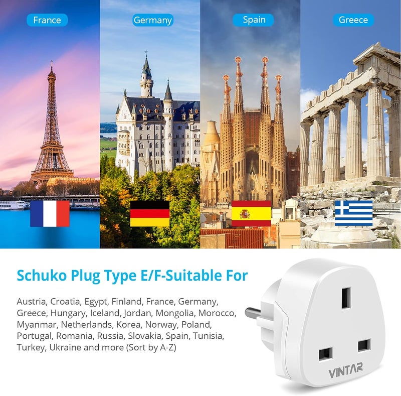VINTAR UK to European Plug Adapter,Grounded 3 Pin to 2 Pin EU Euro Europe Schuko Travel Adaptor for France Germany Spain Turkey Greece Russia and More(Type E/F), 3 Packs White - Image 5