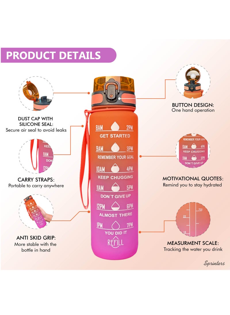 Sprinters - - 1 Liters Water Bottle 32Oz Bpa Free, Multicolor - Leak Proof With Motivational Quote And Time Marker, Anti Slip For Sport ,Fitness, Gym , Picnic (1 Liter, Orange/ Pink Gradient) - Image 1