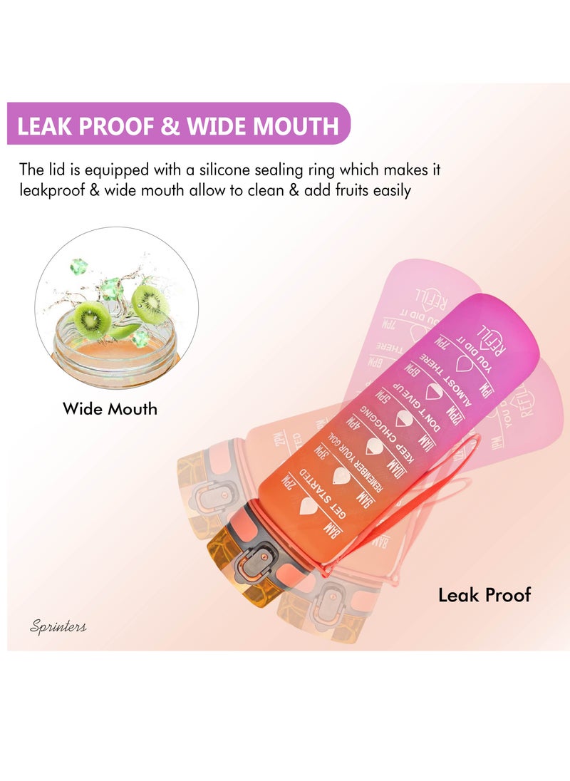 Sprinters - - 1 Liters Water Bottle 32Oz Bpa Free, Multicolor - Leak Proof With Motivational Quote And Time Marker, Anti Slip For Sport ,Fitness, Gym , Picnic (1 Liter, Orange/ Pink Gradient) - Image 1
