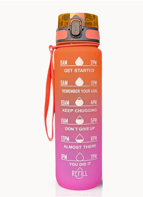 - 1 Liters Water Bottle 32Oz Bpa Free, Multicolor - Leak Proof With Motivational Quote And Time Marker, Anti Slip For Sport ,Fitness, Gym , Picnic (1 Liter, Orange/ Pink Gradient)