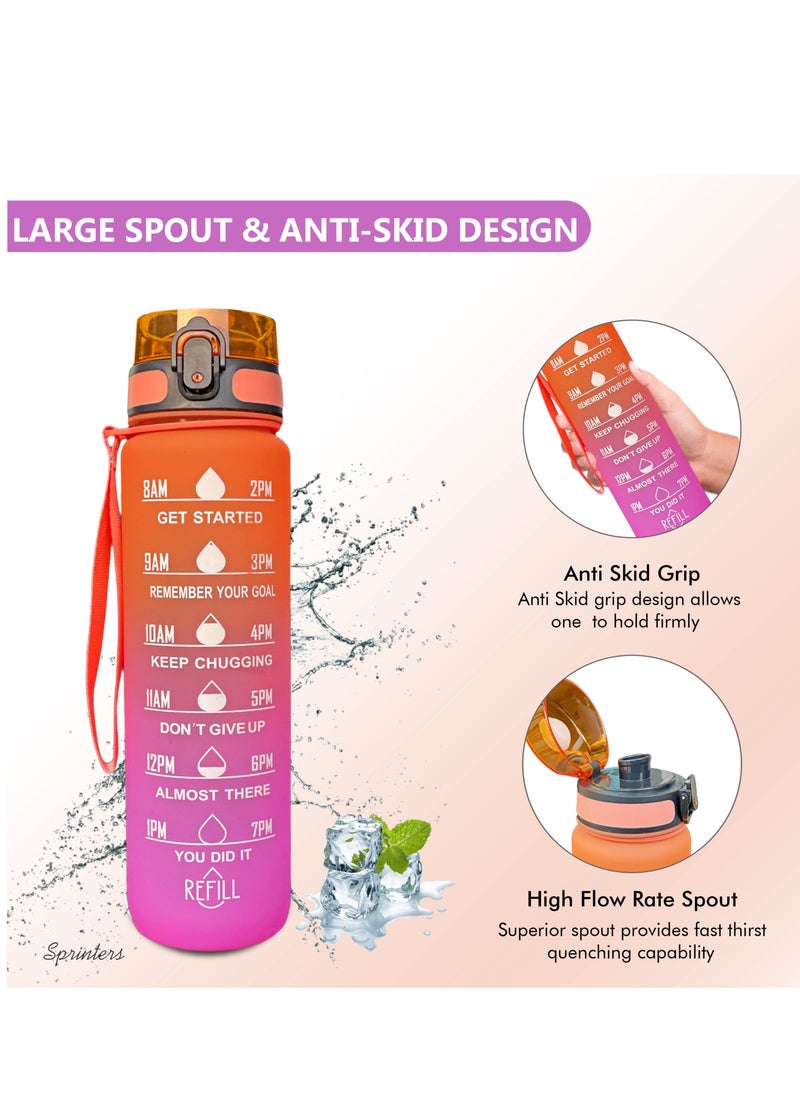 Sprinters - - 1 Liters Water Bottle 32Oz Bpa Free, Multicolor - Leak Proof With Motivational Quote And Time Marker, Anti Slip For Sport ,Fitness, Gym , Picnic (1 Liter, Orange/ Pink Gradient) - Image 1
