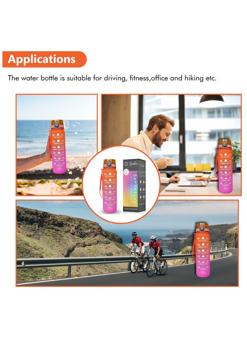 Sprinters - - 1 Liters Water Bottle 32Oz Bpa Free, Multicolor - Leak Proof With Motivational Quote And Time Marker, Anti Slip For Sport ,Fitness, Gym , Picnic (1 Liter, Orange/ Pink Gradient) - Image 1