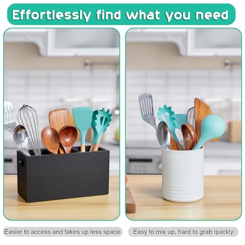 ALELION Black Kitchen Utensil Holder for Countertop - Wooden Large Utensil Caddy Organizer for Counter - 3 Compartment Cooking Utensil Crock for Silverware Spoon Spatula - Image 3