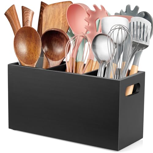 ALELION Black Kitchen Utensil Holder for Countertop - Wooden Large Utensil Caddy Organizer for Counter - 3 Compartment Cooking Utensil Crock for Silverware Spoon Spatula - Image 1