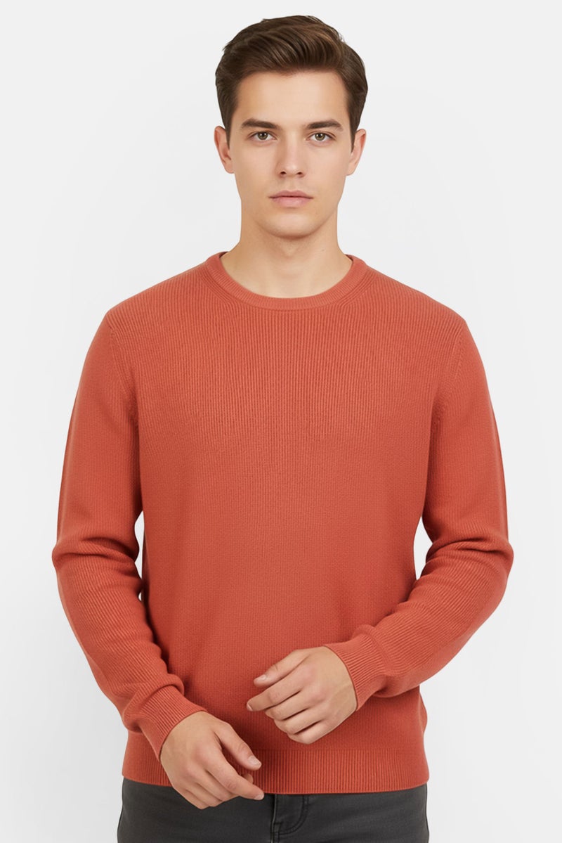 Celio Men Crew Neck Textured Long Sleeve Sweater, Rusty Orange - Image 1