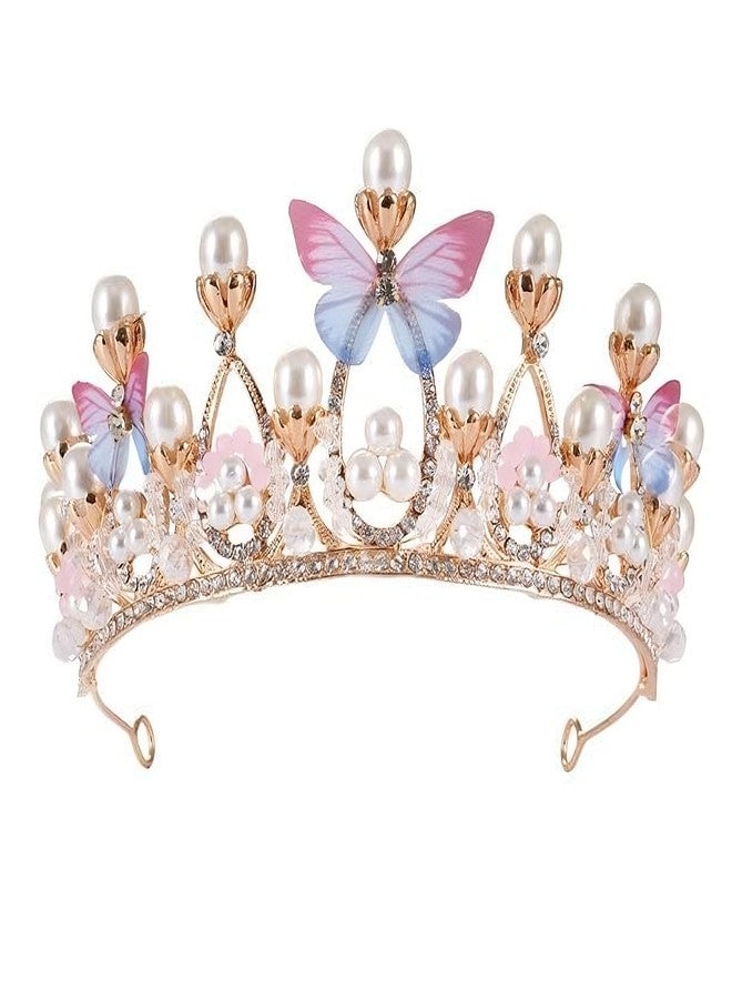 ECAPT Crystal Tiara Crown Pearl Princess Crown Headband Flower Pageant Handmade Hair Accessories Cosplay,Birthday,Celebration for Girls Women - Image 1