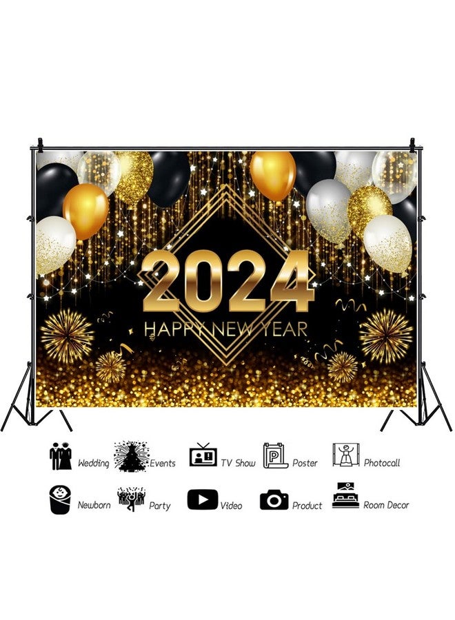 Leyiyi 12X10Ft 2024 Happy New Year Backdrop Black And Gold Balloons Fireworks Glitter Bokeh Photography Background Golden Sparkle Sequin Spots New Year Party Decoration Photo Studio Booth Props - Image 3