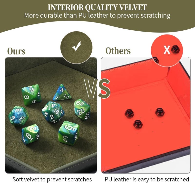 Grajar 2 Pcs Portable Folding Dice Rolling Tray Set for RPG DND Table Games - PU Leather and Velvet Holder Storage Box - RoyalBlue and Green - Image 4