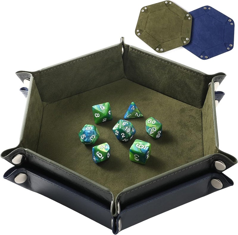 Grajar 2 Pcs Portable Folding Dice Rolling Tray Set for RPG DND Table Games - PU Leather and Velvet Holder Storage Box - RoyalBlue and Green - Image 1