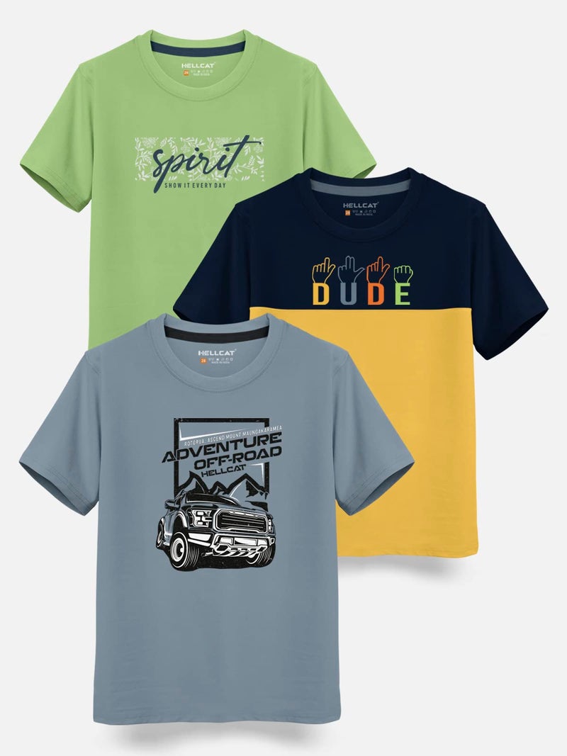 HELLCAT Boy's Regular Fit T-Shirt Bluish Grey/Yellow/Jade Green 13 Years-14 Years (Pack Of 3) - Image 2