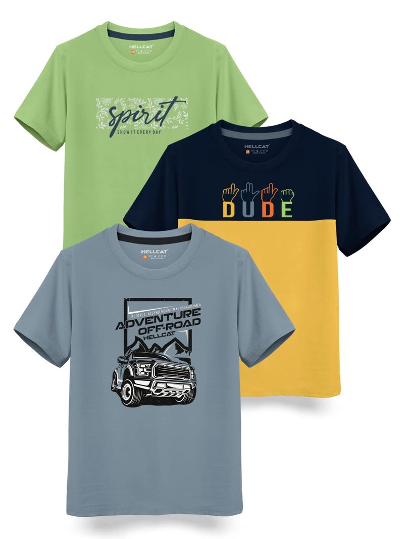 HELLCAT Boy's Regular Fit T-Shirt Bluish Grey/Yellow/Jade Green 13 Years-14 Years (Pack Of 3) - Image 1