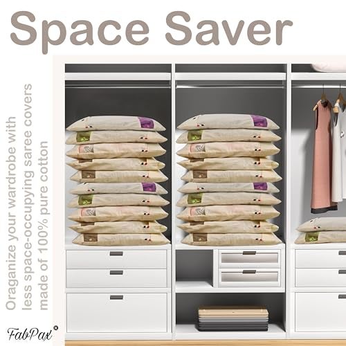 FabPax Set of - 12 Cotton Saree Bags/Covers For Storage, Single Saree Cover With Zip Closure, Bags For Clothes, Wardrobe Organizer With Transparent Mesh Window, Beige Colour (16 X 14 Inches) - Image 5