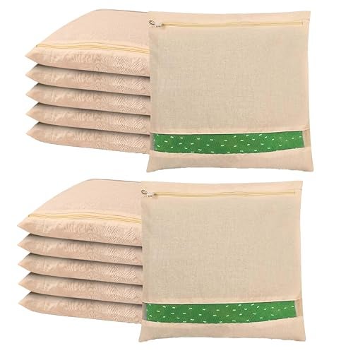 FabPax Set of - 12 Cotton Saree Bags/Covers For Storage, Single Saree Cover With Zip Closure, Bags For Clothes, Wardrobe Organizer With Transparent Mesh Window, Beige Colour (16 X 14 Inches) - Image 1