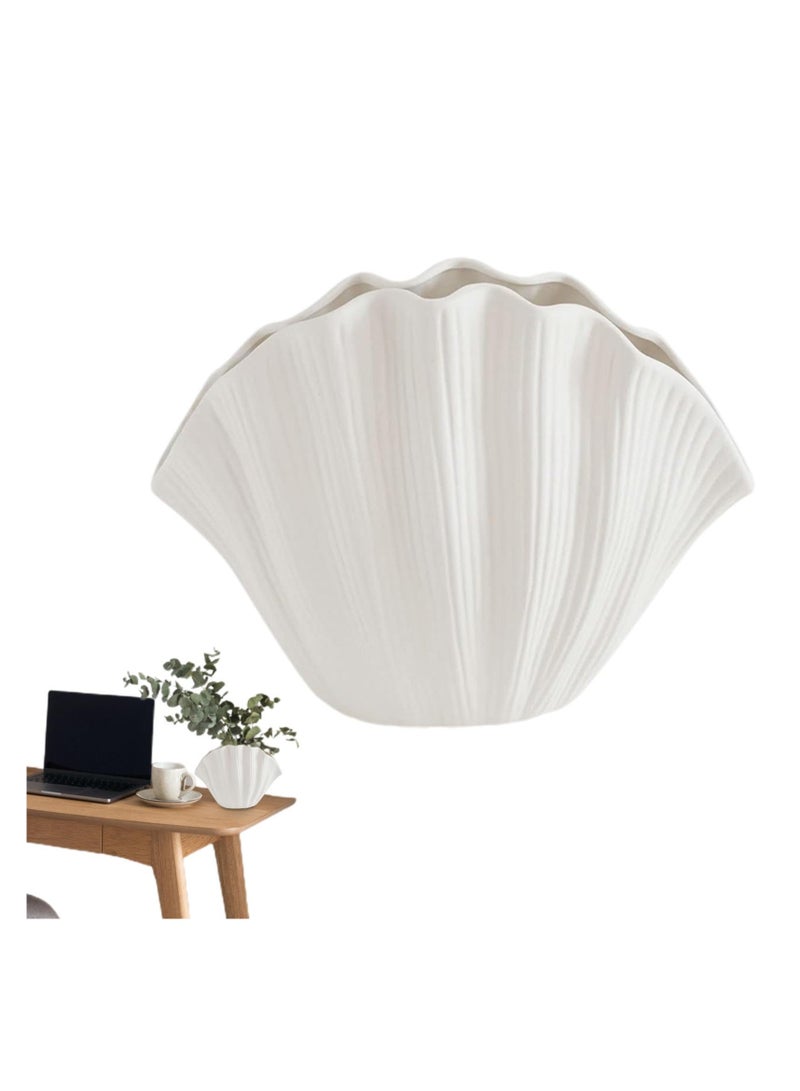 SOLARAE مزهرية قوقعة بيضاء، مزهرية على شكل قوقعة، مزهرية فنية من الخزف، مزهريات بسيطة ومبدعة، مزهريات زهور لديكور المنزل العصري، مزهريات عشب البامبا للطاولة، ديكور مركز الطاولة، نموذج ب حجم صغير - Image 1