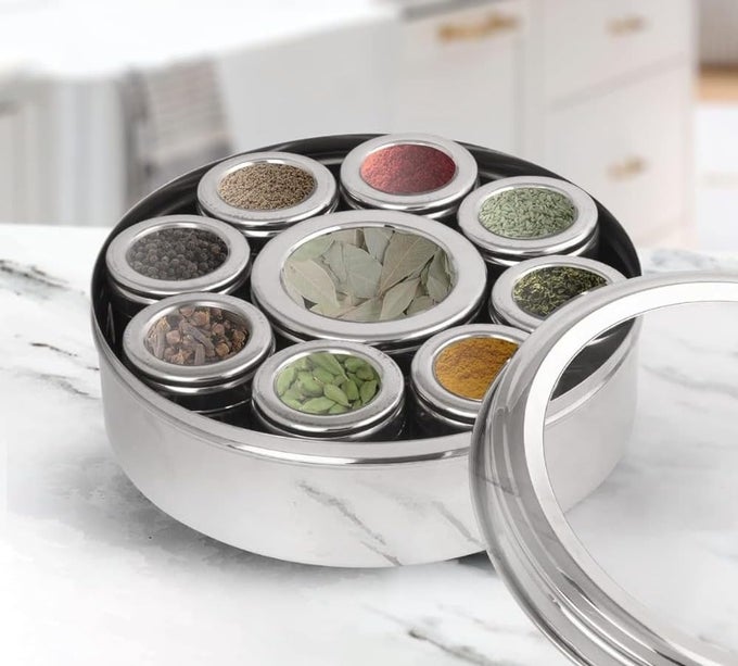 9 IN 1 MASALA BOX FOR KITCHEN STAINLESS STEEL SPICE BOX FOR KITCHEN MASALA DABBA STEEL MASALA DANI WITH INDIVIDUAL SEE THROUGH LID SILVER 25 LTR 225CM