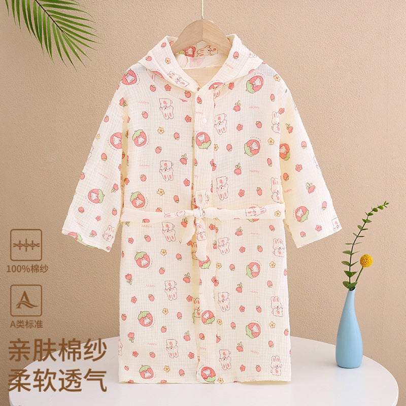 Children's 100% Cotton Gauze Hooded Bathrobe - Soft Absorbent Towel Robe for Swimming, Bathing & Home