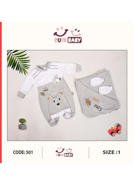 Full Tulle Set For Newborns Made Of Cotton Material, Consisting Of 4 Pieces For Newborns - Luxury Cotton Material - Hello Cutie - Gray Color