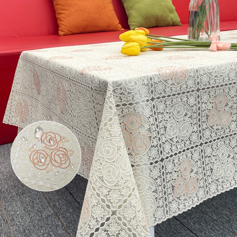 iSamzan Waterproof OilProof Vinyl Table Cover, Plastic Lace Tablecloth for Rectangle Table, Textured Home Decor for Parties, Dining, Kitchen, Outdoor - Image 1