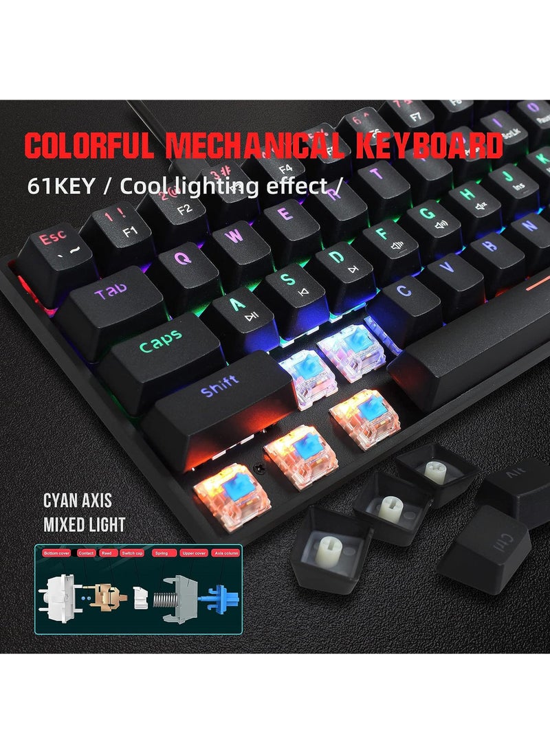 Rock Pow - 60 Percent Mechanical Gaming Keyboard Blue Switch Anti-Ghosting 61 Key LED Backlit Keyboard Mini Portable Quick Response Keyboard for Laptop PC Gamer - Image 1