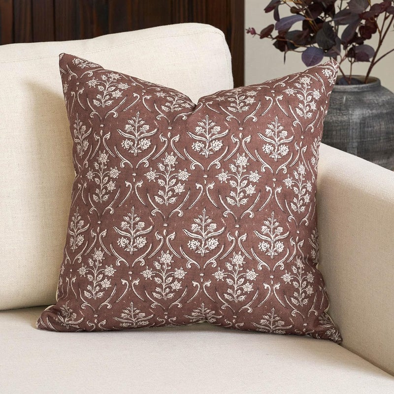Amor Virisso Floral Pillow Covers 18x18 Vintage Farmhouse Block Print Pillow Covers Couch Pillows for Living Room Decorative Throw Pillow Covers, Brown - Image 1