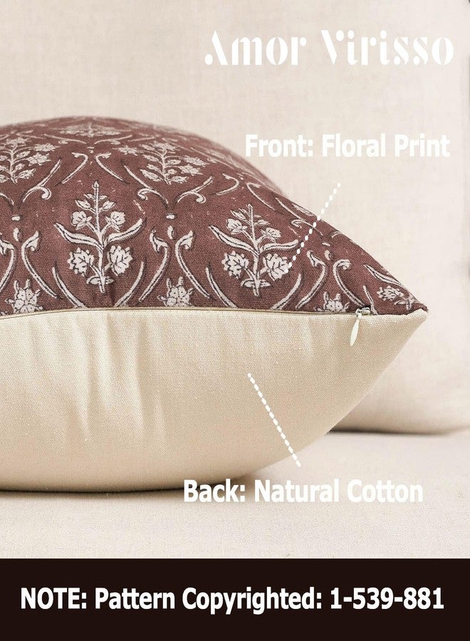 Amor Virisso Floral Pillow Covers 18x18 Vintage Farmhouse Block Print Pillow Covers Couch Pillows for Living Room Decorative Throw Pillow Covers, Brown - Image 2