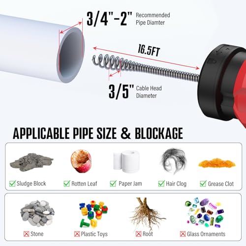 POPULO 17FT Auto Feed Drain Snake, Upgraded Toliet Auger for 3/4"-2" Pipe, Plumbing Hair Drain Clog Remover with Extension Tube for Toliet, Shower, Bathtub, Kitchen, Sink, 2025 PMDA-G2 - Image 4