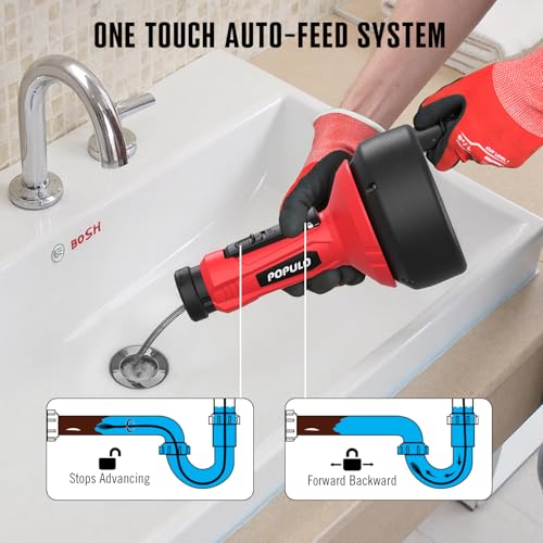 POPULO 17FT Auto Feed Drain Snake, Upgraded Toliet Auger for 3/4"-2" Pipe, Plumbing Hair Drain Clog Remover with Extension Tube for Toliet, Shower, Bathtub, Kitchen, Sink, 2025 PMDA-G2 - Image 5